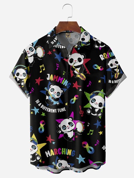

Music Panda Chest Pocket Short Sleeve Casual Shirt, Black, Men Shirts