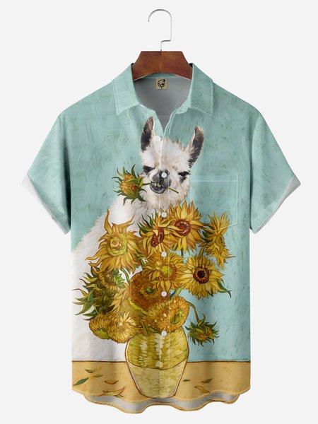 

Alpaca Sunflower Painting Chest Pocket Short Sleeve Shirt, Blue, Men Shirts