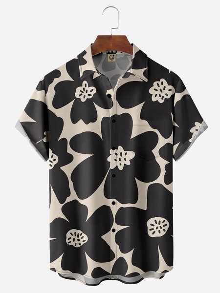 

Floral Chest Pocket Short Sleeve Hawaiian Shirt, Black, Men Shirts