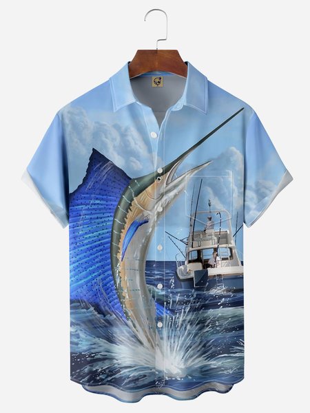 

Swordfish Chest Pocket Short Sleeve Hawaiian Shirt, Blue, Men Shirts