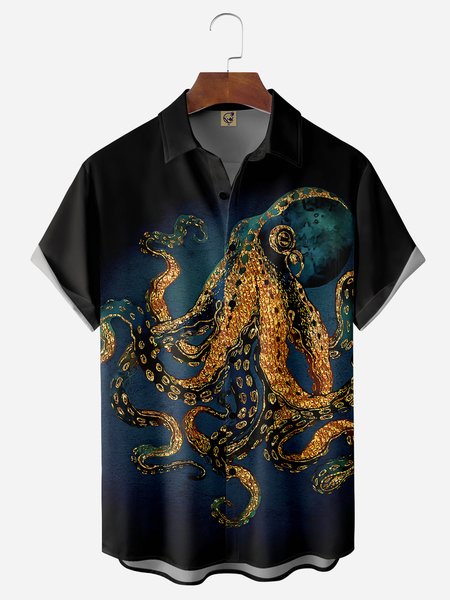 

Octopus Chest Pocket Short Sleeve Casual Shirt, Black, Men Shirts