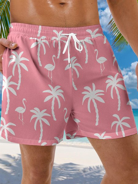 

Coconut Tree Flamingo Drawstring Beach Shorts, Pink, Men's shorts