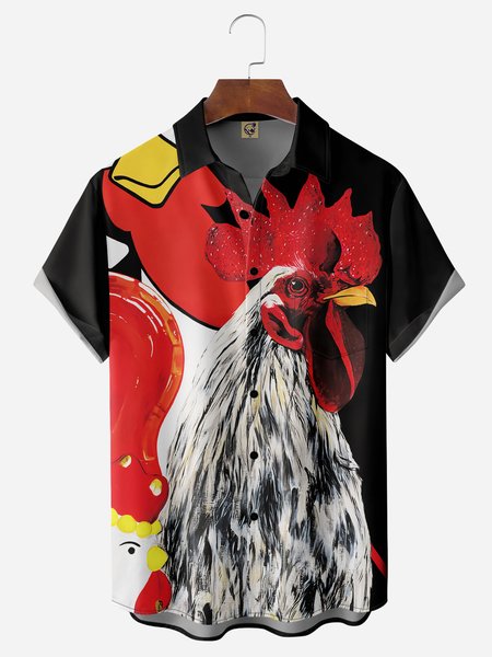 

Rooster Chest Pocket Short Sleeve Casual Shirt, Black, Men Shirts