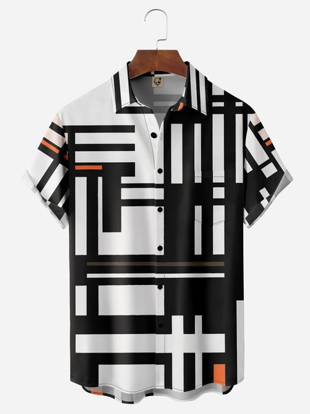 

Geometric Stripe Chest Pocket Short Sleeve Casual Shirt, Black-white, Men Shirts
