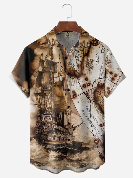 

Sailboat Map Chest Pocket Short Sleeve Hawaiian Shirt, Brown, Men Shirts