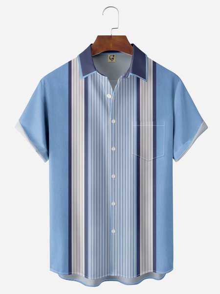 

Geometric Color Block Chest Pocket Short Sleeve Bowling Shirt, Blue, Men Shirts