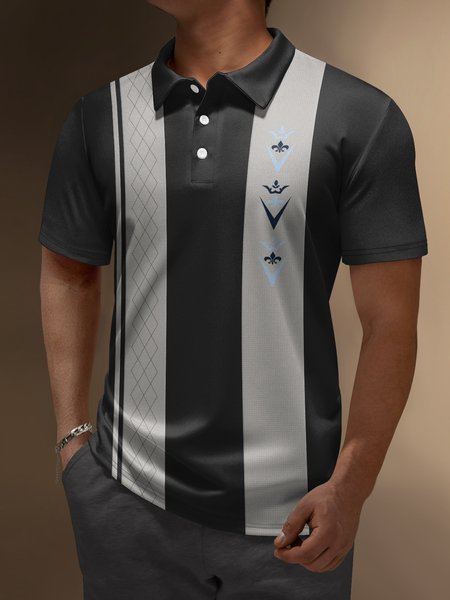 

Geometric Color Block Button Short Sleeve Bowling Polo Shirt, Black, Polo Shirts