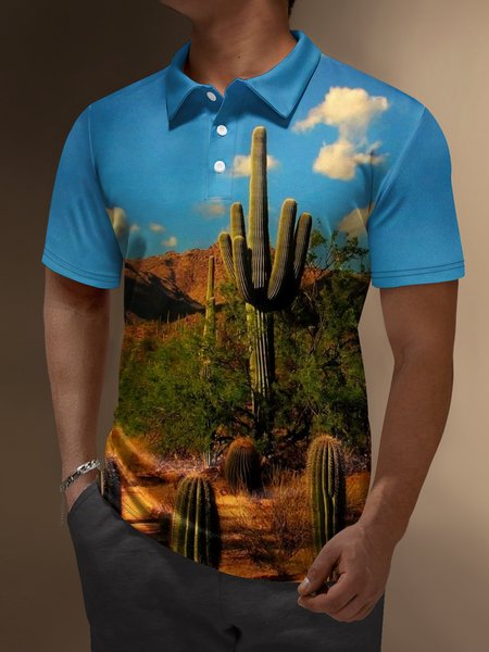

Cactus Landscape Button Short Sleeve Polo Shirt, Blue, Polo Shirts
