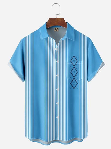 

Geometric Color Block Chest Pocket Short Sleeve Bowling Shirt, Blue, Men Shirts