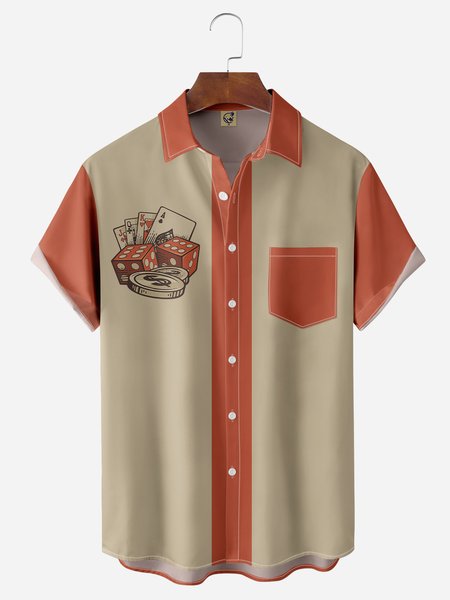 

Poker Chest Pocket Short Sleeve Bowling Shirt, Orange red, Men Shirts