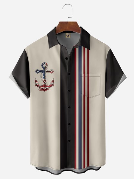 

American Flag Anchor Chest Pocket Short Sleeve Bowling Shirt, Black, Men Shirts