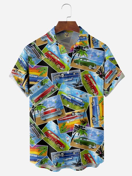 

Vintage Car Chest Pocket Short Sleeve Hawaiian Shirt, Blue, Men Shirts