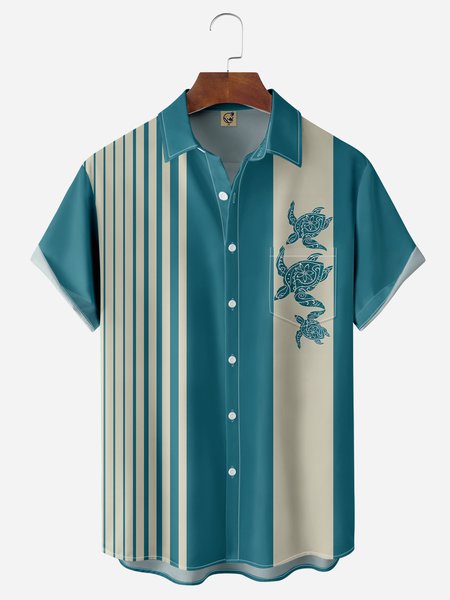 

Sea ​​Turtle Chest Pocket Short Sleeve Bowling Shirt, Blue, Men Shirts