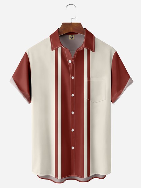 

Striped Chest Pocket Short Sleeve Bowling Shirt, Red, Men Shirts