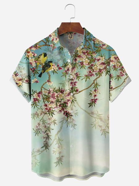 

Artistic Drawing Chest Pocket Short Sleeve Hawaiian Shirt, Green, Men Shirts