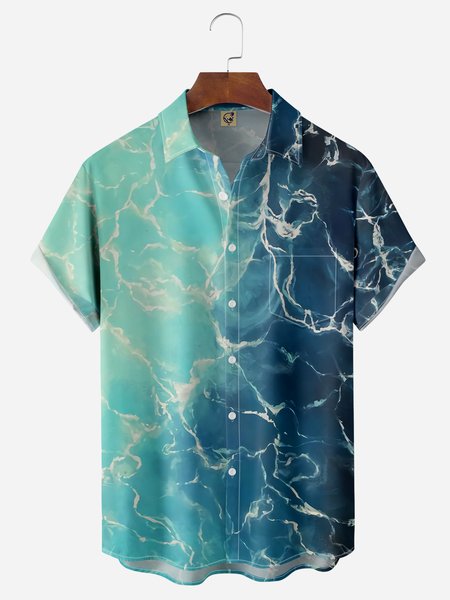 

Gradient Seawave Chest Pocket Short Sleeves Hawaiian Shirt, Blue, Men Shirts