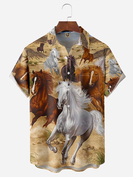 

Western Horses Chest Pocket Short Sleeve Casual Shirt, Khaki, Men Shirts