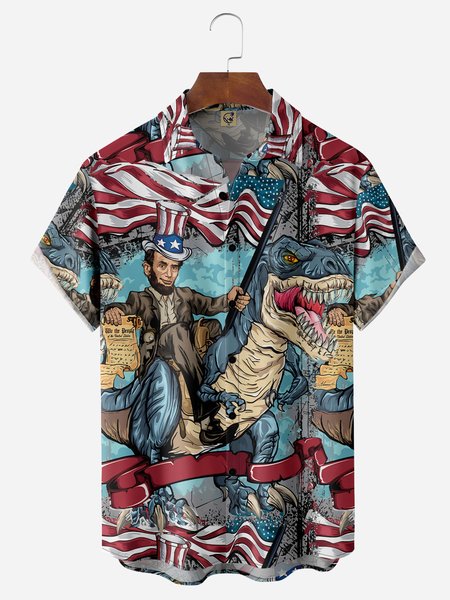 

Flag Dinosaur Chest Pocket Short Sleeve Casual Shirt, Blue, Men Shirts