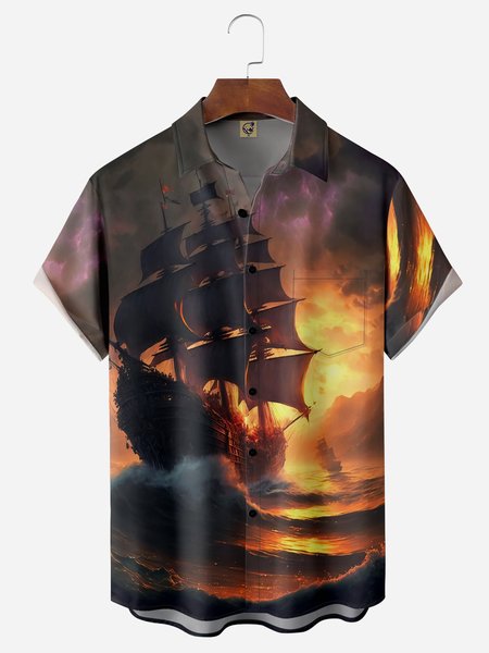 

Sailboat Chest Pocket Short Sleeve Hawaiian Shirt, Brown, Men Shirts