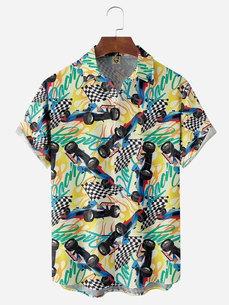 

Racing Cars Chest Pocket Short Sleeves Casual Shirts, Yellow, Men Shirts