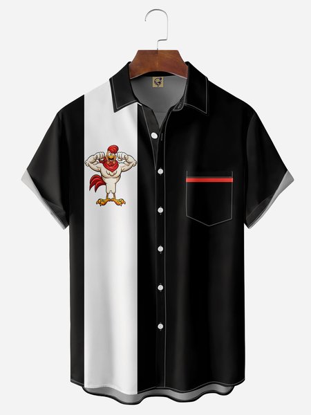 

Rooster Chest Pocket Short Sleeve Bowling Shirt, Black, Men Shirts