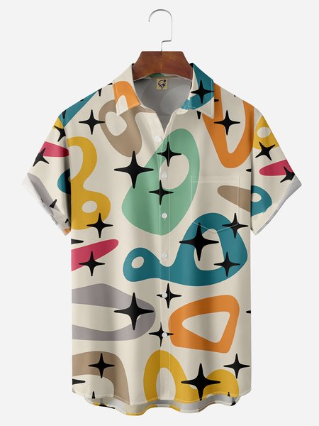 Medieval Geometric Chest Pocket Short Sleeve Casual Shirt, Light khaki, Men Shirts