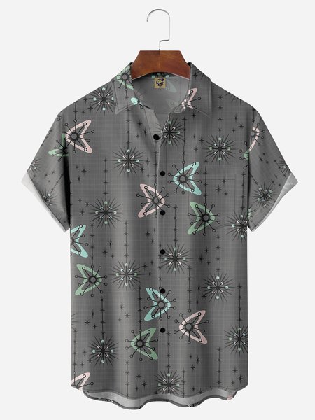 

Mid Century Geometric Chest Pocket Short Sleeve Casual Shirt, Gray, Men Shirts