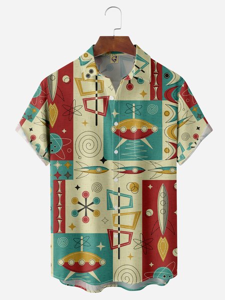 

Mid-Century Rocket Chest Pocket Short Sleeve Casual Shirt, Khaki, Men Shirts