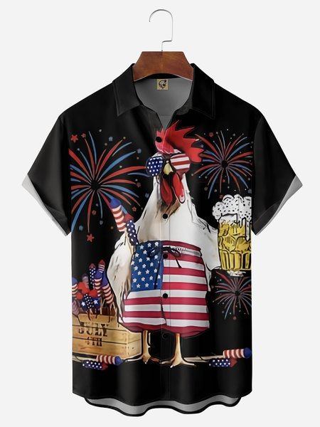 American Flag Rooster Chest Pocket Short Sleeve Casual Shirt, Black, Men Shirts