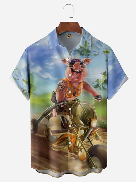 

Moto Pig Chest Pocket Short Sleeve Casual Shirt, Blue, Men Shirts