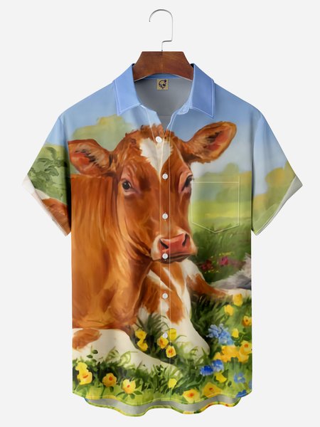 

Cow Farming Chest Pocket Short Sleeve Casual Shirt, Green, Men Shirts