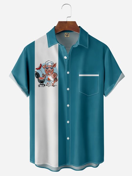 

BBQ Pig Cooker Chest Pocket Short Sleeve Casual Shirt, Blue, Men Shirts