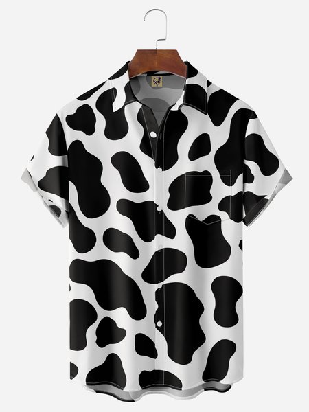 

Dairy Cattle Print Chest Pocket Short Sleeve Casual Shirt, White, Men Shirts