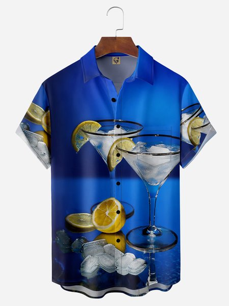 

Cocktail Chest Pocket Short Sleeve Casual Shirt, Blue, Men Shirts