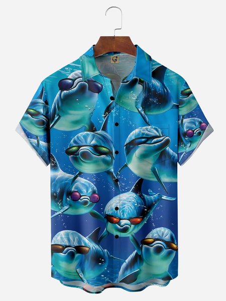 

Dolphin Chest Pocket Short Sleeve Hawaiian Shirt, Blue, Men Shirts