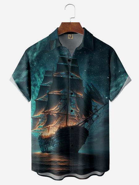 

Sailboat Chest Pocket Short Sleeve Hawaiian Shirt, Blue, Men Shirts