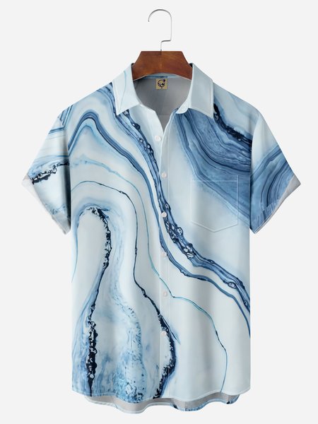 

Marble Texture Chest Pocket Short Sleeve Casual Shirt, Blue, Men Shirts
