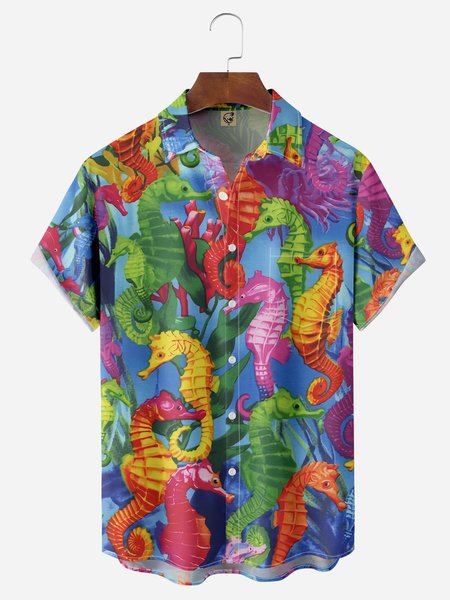 

Seahorse Chest Pocket Short Sleeve Hawaiian Shirt, Blue, Men Shirts