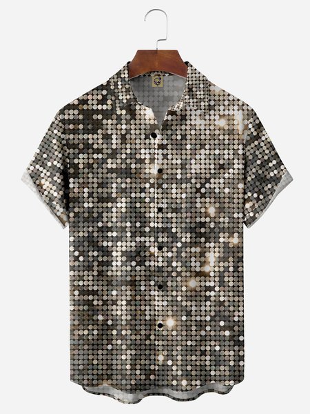

70s Bling Flash Chest Pocket Short Sleeve Disco Shirt, Silver, Men Shirts