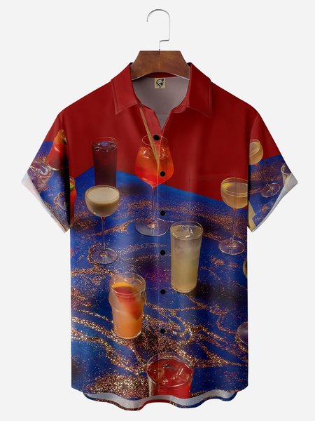 

Cocktail Chest Pocket Short Sleeve Casual Shirt, Blue, Men Shirts