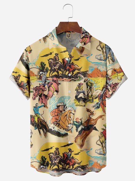 

Illustration Horse Chest Pocket Short Sleeve Casual Shirt, Light yellow, Men Shirts