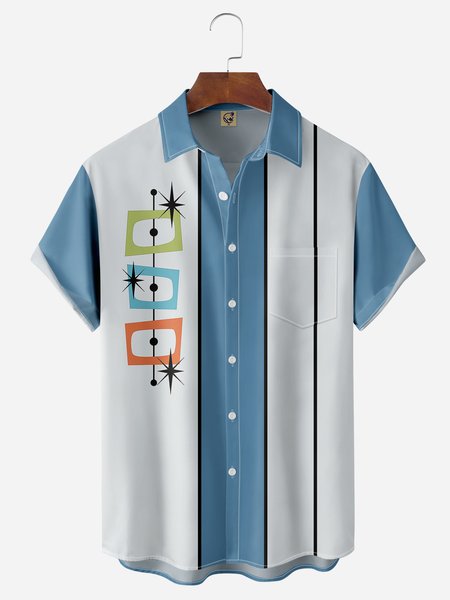 

Mid Century Geometry Chest Pocket Short Sleeve Bowling Shirt, Blue, Men Shirts