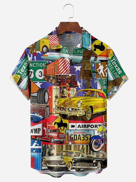

Vintage Car Road Sign Chest Pocket Short Sleeve Casual Shirt, Yellow, Men Shirts