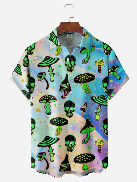 

Hippie Mushroom Chest Pocket Short Sleeve Casual Shirt, Blue, Men Shirts