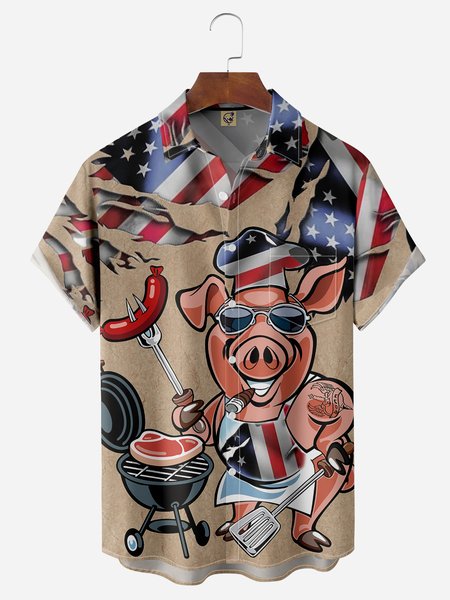 

BBQ Pig Cooker Chest Pocket Short Sleeve Casual Shirt, Blue, Men Shirts