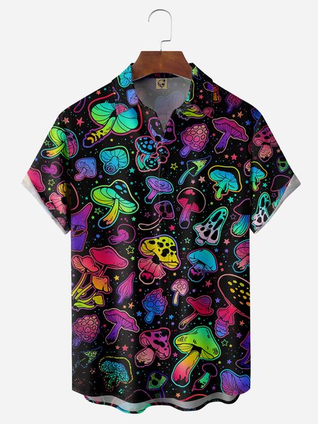 

Hippie Mushroom Chest Pocket Short Sleeve Casual Shirt, Black, Men Shirts