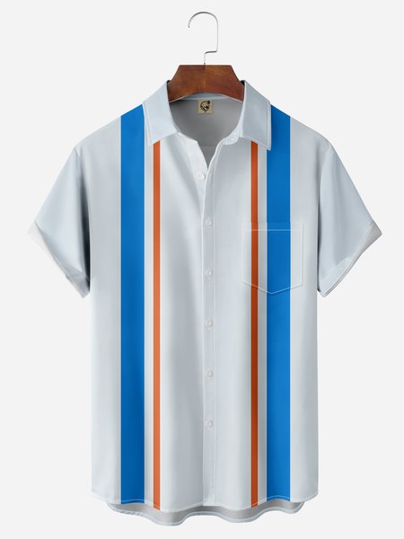 

Striped Chest Pocket Short Sleeve Bowling Shirt, Blue, Men Shirts