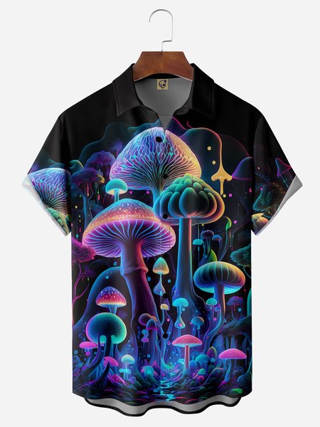 

Hippies Mushrooms Chest Pocket Short Sleeve Shirt, Blue, Men Shirts