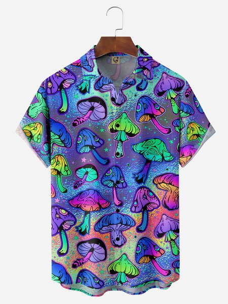 

Hippie Mushroom Chest Pocket Short Sleeve Casual Shirt, Purple, Men Shirts
