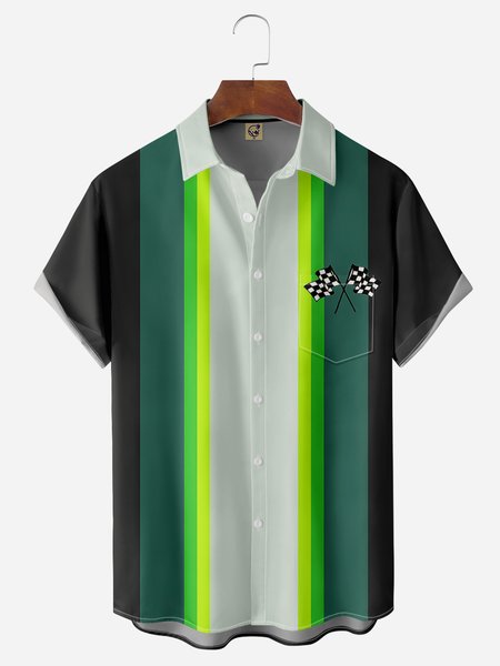 

Racing Flag Chest Pocket Short Sleeve Bowling Shirt, Green, Men Shirts